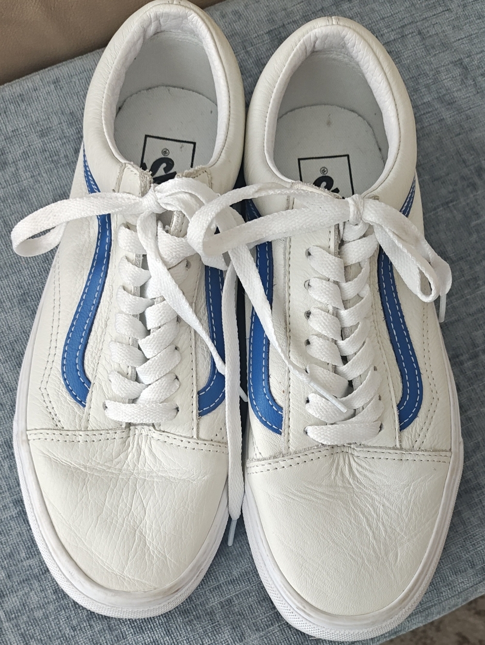 Vans White Leather Sneakers with Blue Side Stripe